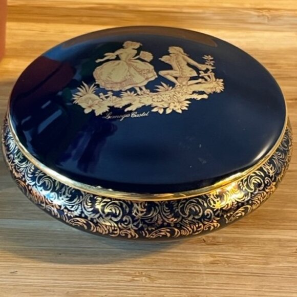 Vintage Limoges Castel Cobalt Blue 22K Gold trim courting couple Trinket Box - Picture 1 of 5